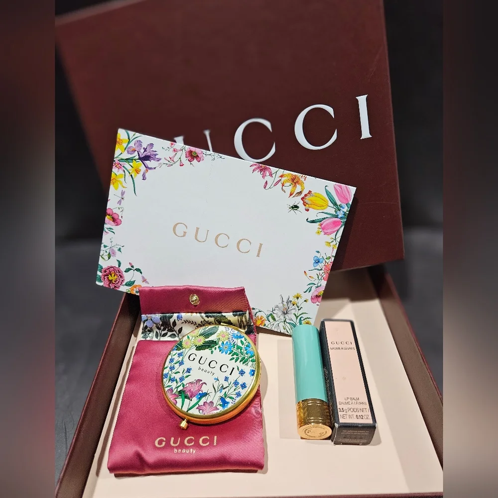 Gucci Beauty Floral Compact Mirror W/Satin Pouch, Gucci Baume à Lèvres Lip Balm - Picture 2 of 5